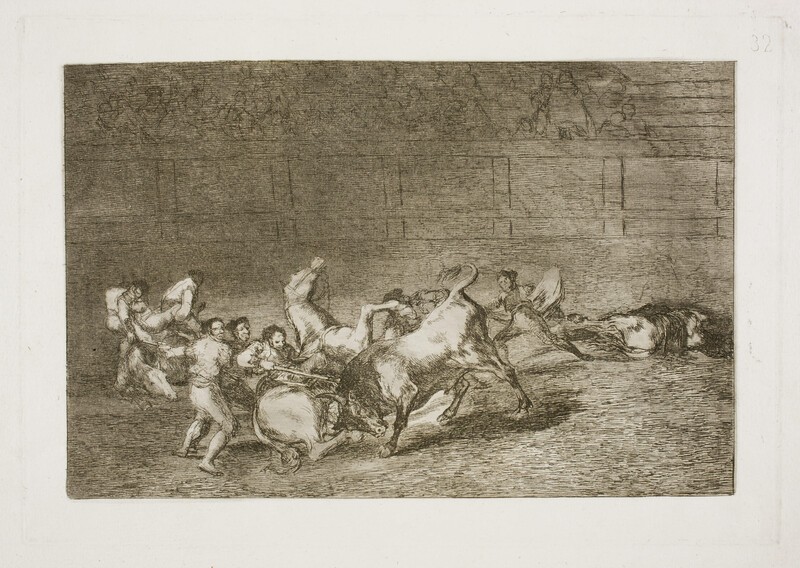 Two groups of bullfighters run over by a single bull at once